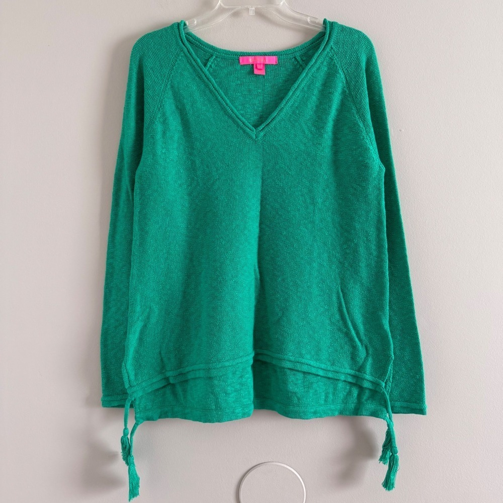 Lilly Pulitzer Boho Knit Sweater Green V-Neck Tassel Side Womens M Lightweight